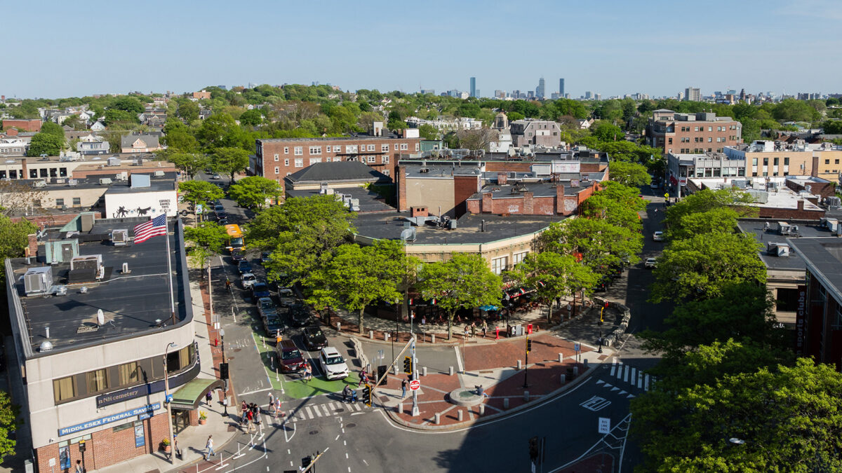 Aerial view of 212 Elm Street in Davis Square in Somerville, MA.