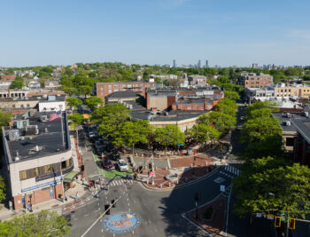 Aerial view of 212 Elm Street in Davis Square in Somerville, MA.
