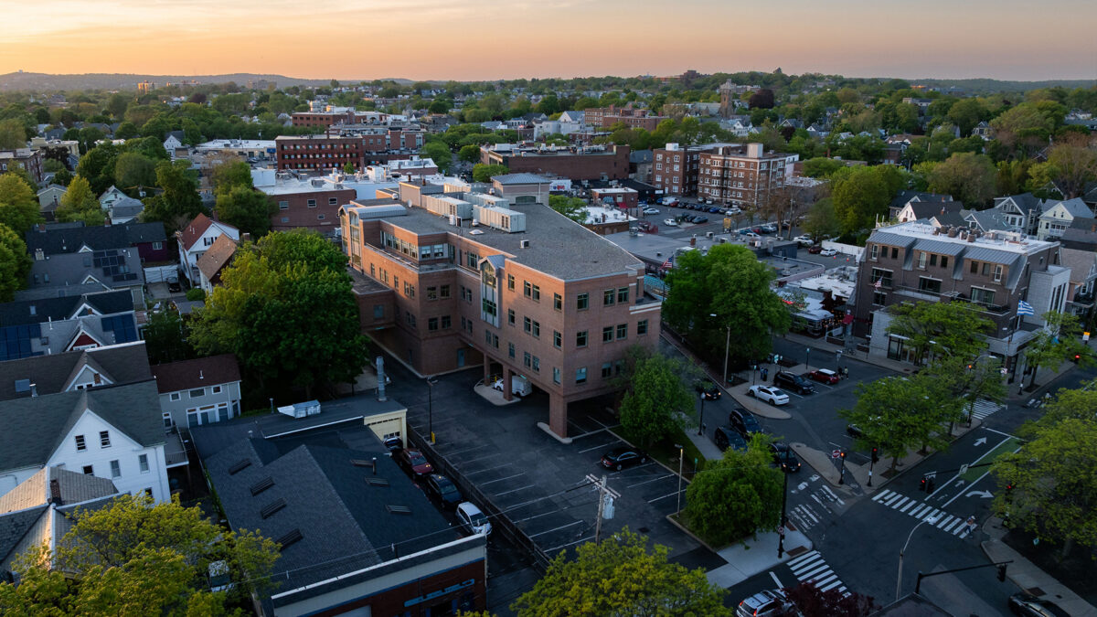 Aerial view of 212 Elm Street in Davis Square in Somerville, MA.