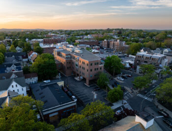 Aerial view of 212 Elm Street in Davis Square in Somerville, MA.