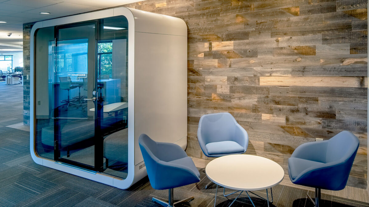 Modern sitting area at 212 Elm Street in Davis Square in Somerville, MA.