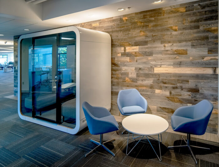Modern sitting area at 212 Elm Street in Davis Square in Somerville, MA.