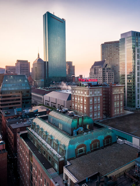 Aerial image of 745 Boylston Street in Back Bay Boston with the Prudential Center in the background.
