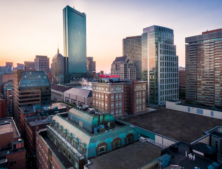 Aerial image of 745 Boylston Street in Back Bay Boston with the Prudential Center in the background.