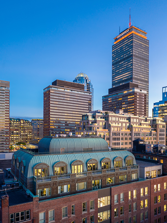 745 Boylston Street, Back Bay Boston - top of building with Prudential Center in background.