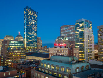 Aerial view looking over 745 Boylston Street to the Prudential Center in Boston's Back Bay.