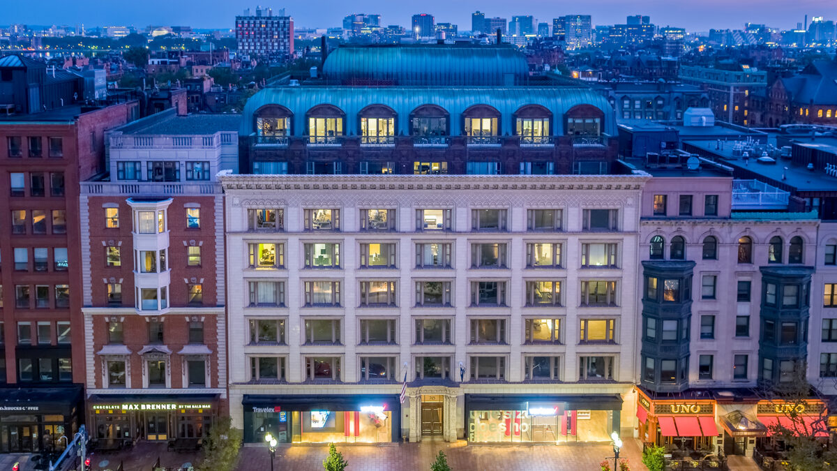 Front of 745 Boylston Street in Boston's Back Bay at night.