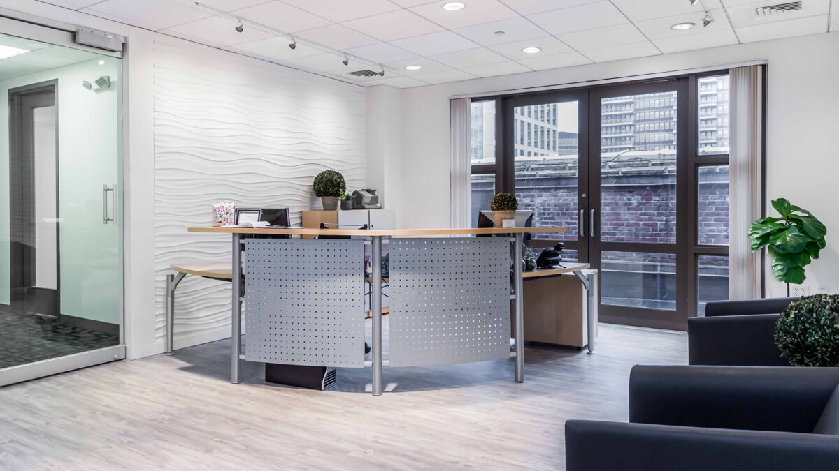 Reception area of an office on the 7th floor of 745 Boylston Street in Boston's Back Bay.