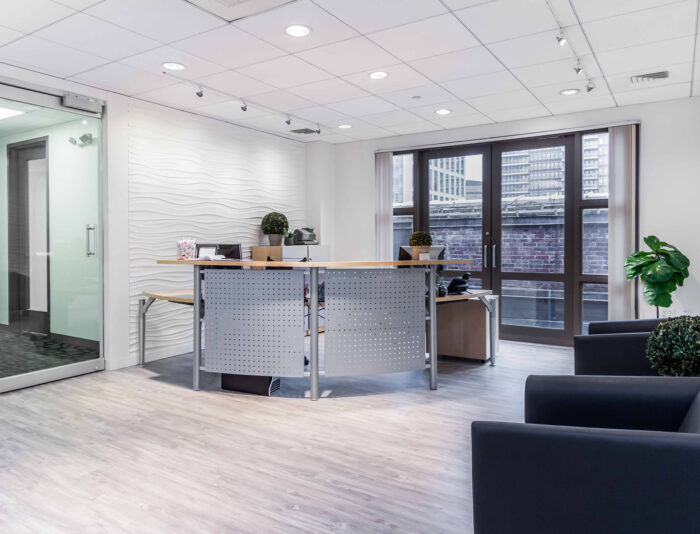 Reception area of an office on the 7th floor of 745 Boylston Street in Boston's Back Bay.