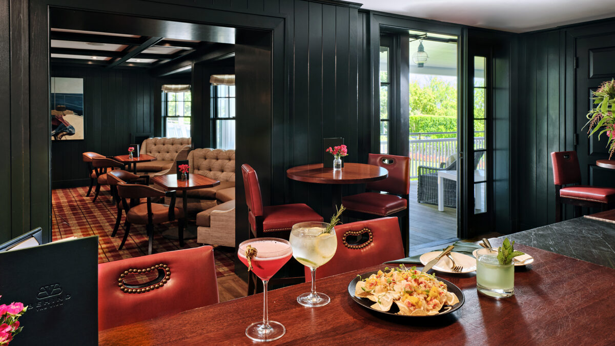 View from inside Behind the View looking out to the veranda at Harbor View Hotel on Martha's Vineyard.