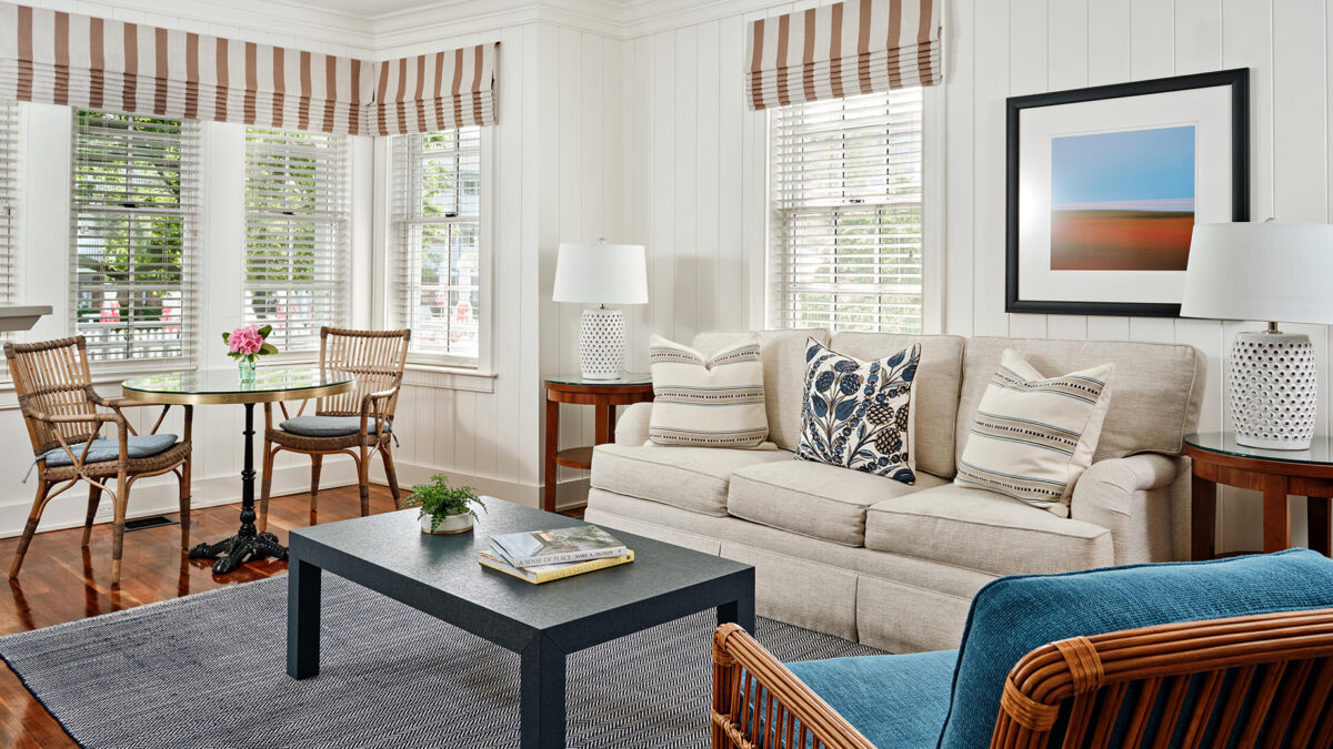 View of the living room of one of the cottages at Harbor View Hotel on Martha's Vineyard.