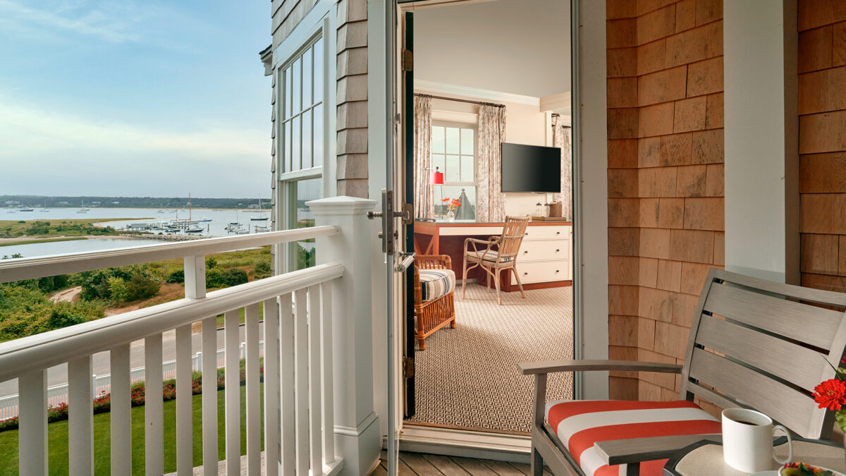 View from the balcony of a hotel room at Harbor View Hotel on Martha's Vineyard, overlooking Edgartown Harbor.