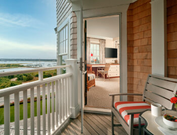 View from the balcony of a hotel room at Harbor View Hotel on Martha's Vineyard, overlooking Edgartown Harbor.