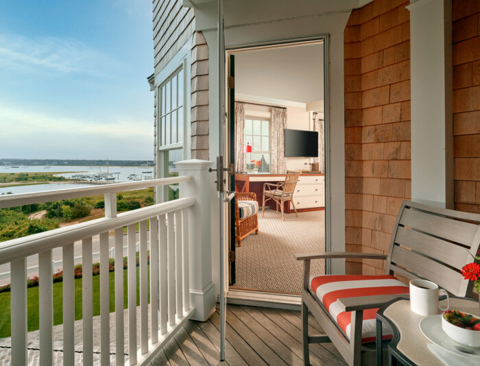 View from the balcony of a hotel room at Harbor View Hotel on Martha's Vineyard, overlooking Edgartown Harbor.