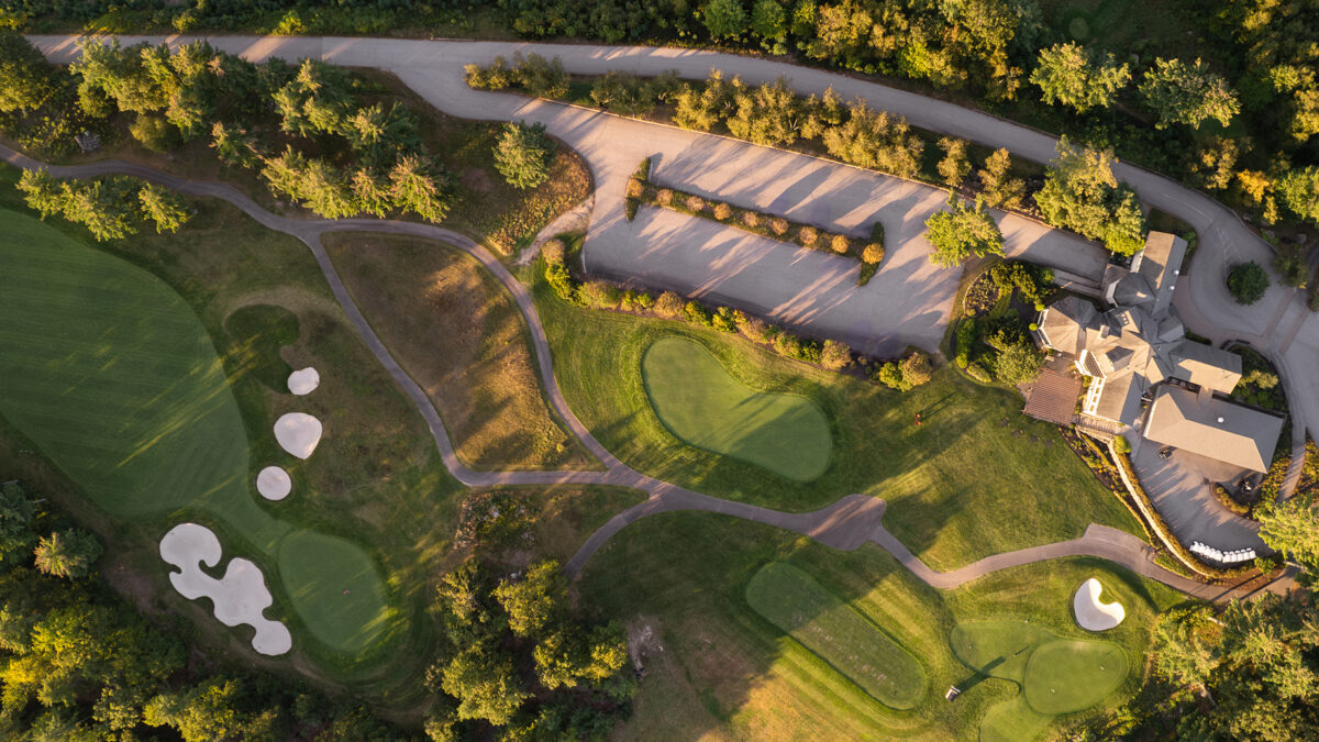 Aerial view of several golf holes at Lake Winnipesaukee Golf Club.