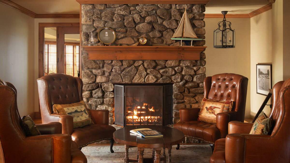 Fireplace in the lounge in the clubhouse at Lake Winnipesaukee Golf Club.