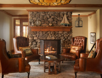 Fireplace in the lounge in the clubhouse at Lake Winnipesaukee Golf Club.