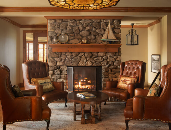 Fireplace in the lounge in the clubhouse at Lake Winnipesaukee Golf Club.
